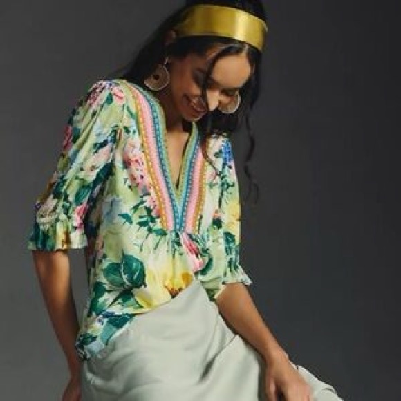 Anthropologie Bl-nk London Stephanie Top Green Floral Size Medium EUC - Picture 9 of 9